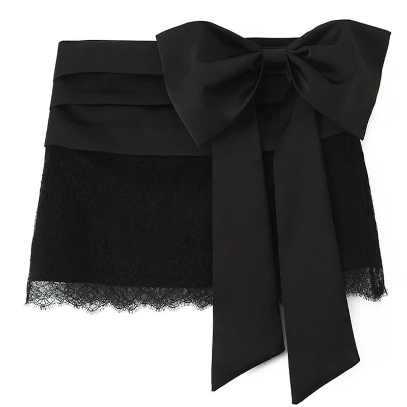 Women's Black Skirt With Lace Hem Ruffle Skirts For Women Sexy Mini Satin Skirt y2k 2026 Spring Woman Party Dress With Big Bow