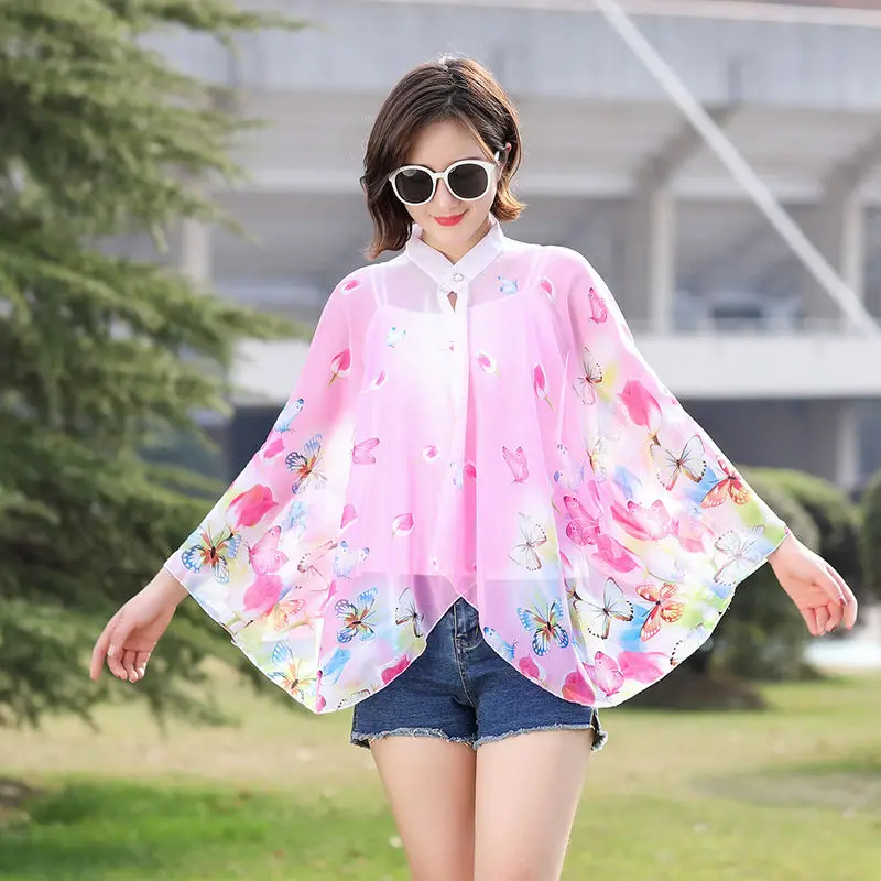 

2022 Summer Sunscreen Clothes Women Cycling Cloak Shawl Coat Chiffon Cloak Shawl Thin Style Lady Poncho Capes Pink