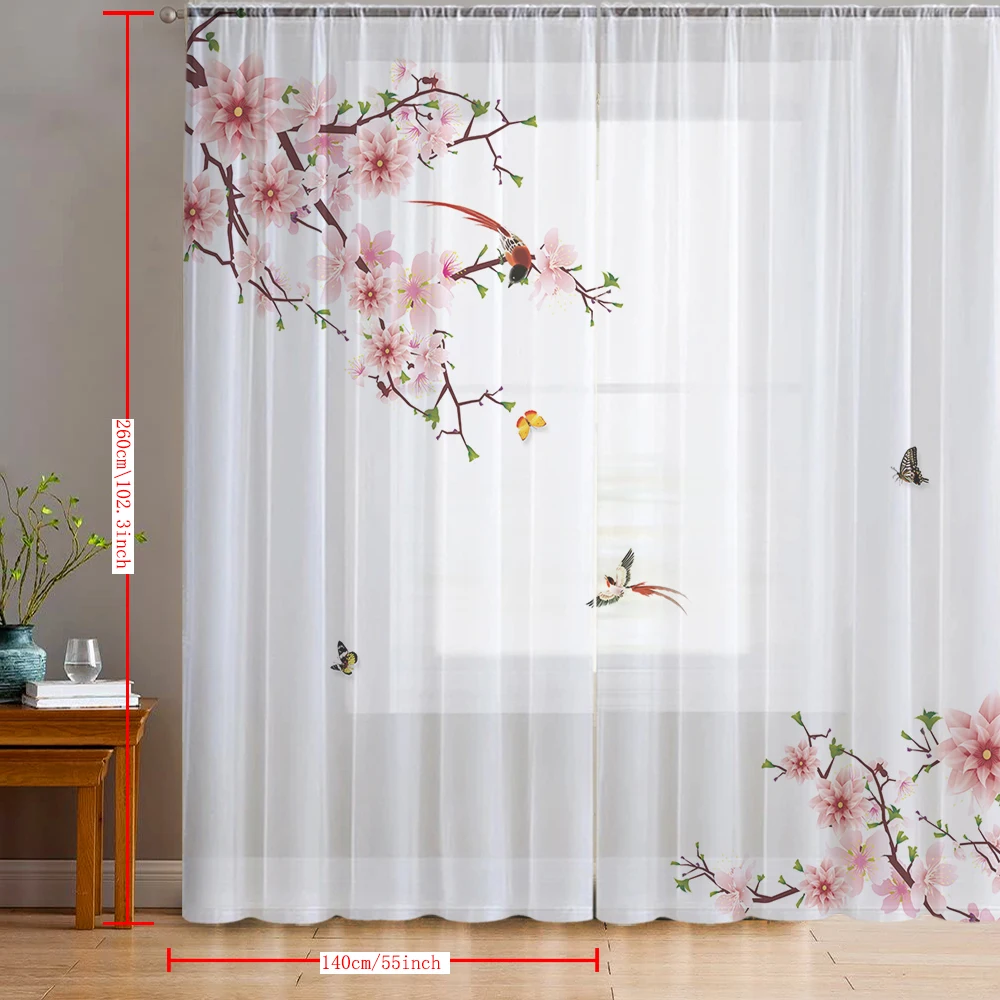 2PCS Home decoration printed window screens, peach blossoms and birds, curtains with pole pockets, kitchen, coffee shop, living