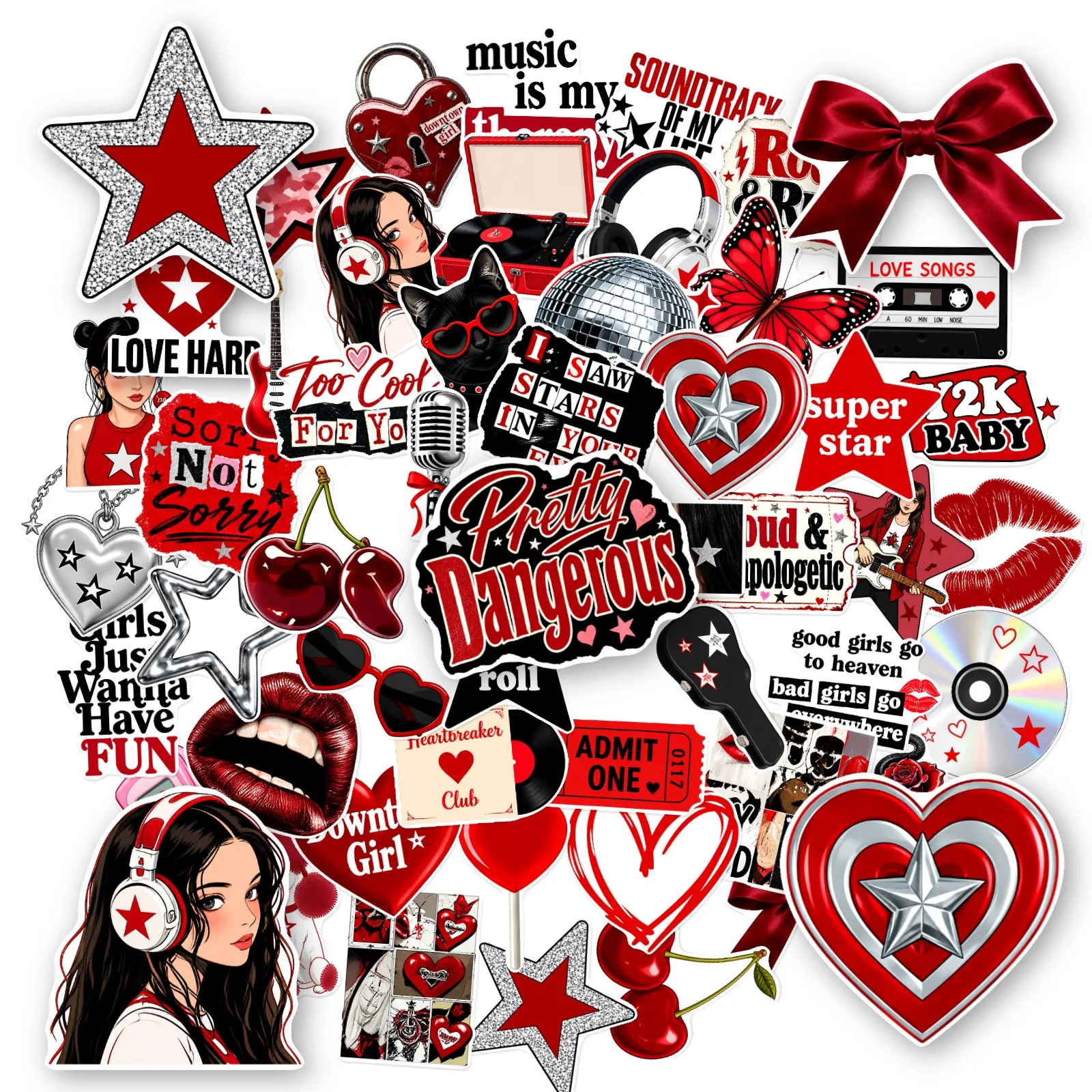 10/150Pcs Retro Y2K Rock Girl Stickers Red Black Aesthetic Decals DIY Journal Laptop Phone Scrapbook Decor Downtown Girl Craft