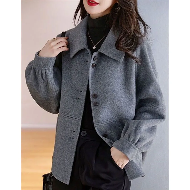 

Корейская женская модная короткая шерстяная верхняя одежда, женская смешанная куртка с длинными рукавами, осень-зима, женственное высококачественное однотонное шерстяное пальто