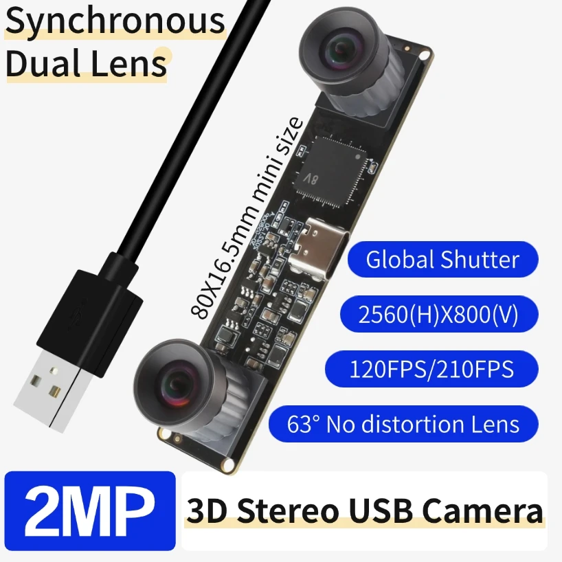 ELP 2MP Global Shutter B/W Monochrome USB Camera Module No Distortion Dual Lens Synchronous 3D Stereo 120fps High Speed Webcam