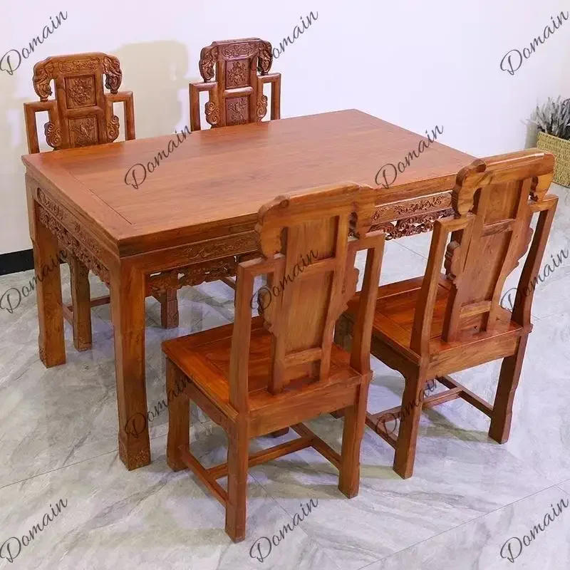 81 N Antique Chinese Style Solid Elm Wood Dining Table Carved Rectangle Table for Living Room Restaurant Furniture