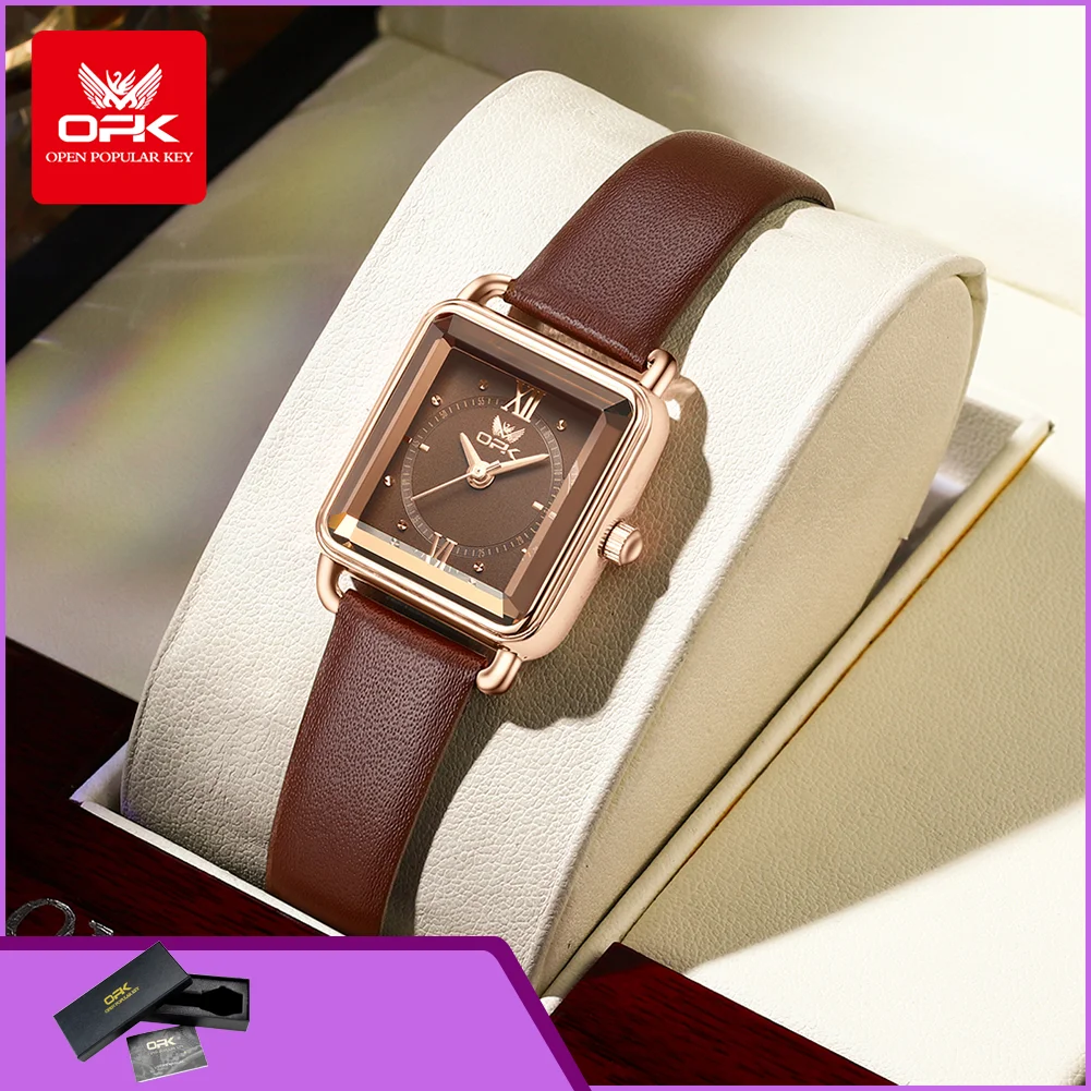 OPK 8177 Fashion Original Women's Quartz Watch Leather Strap Waterproof Square Dial Elegant Top Brand Ladies Dress Wristwatch
