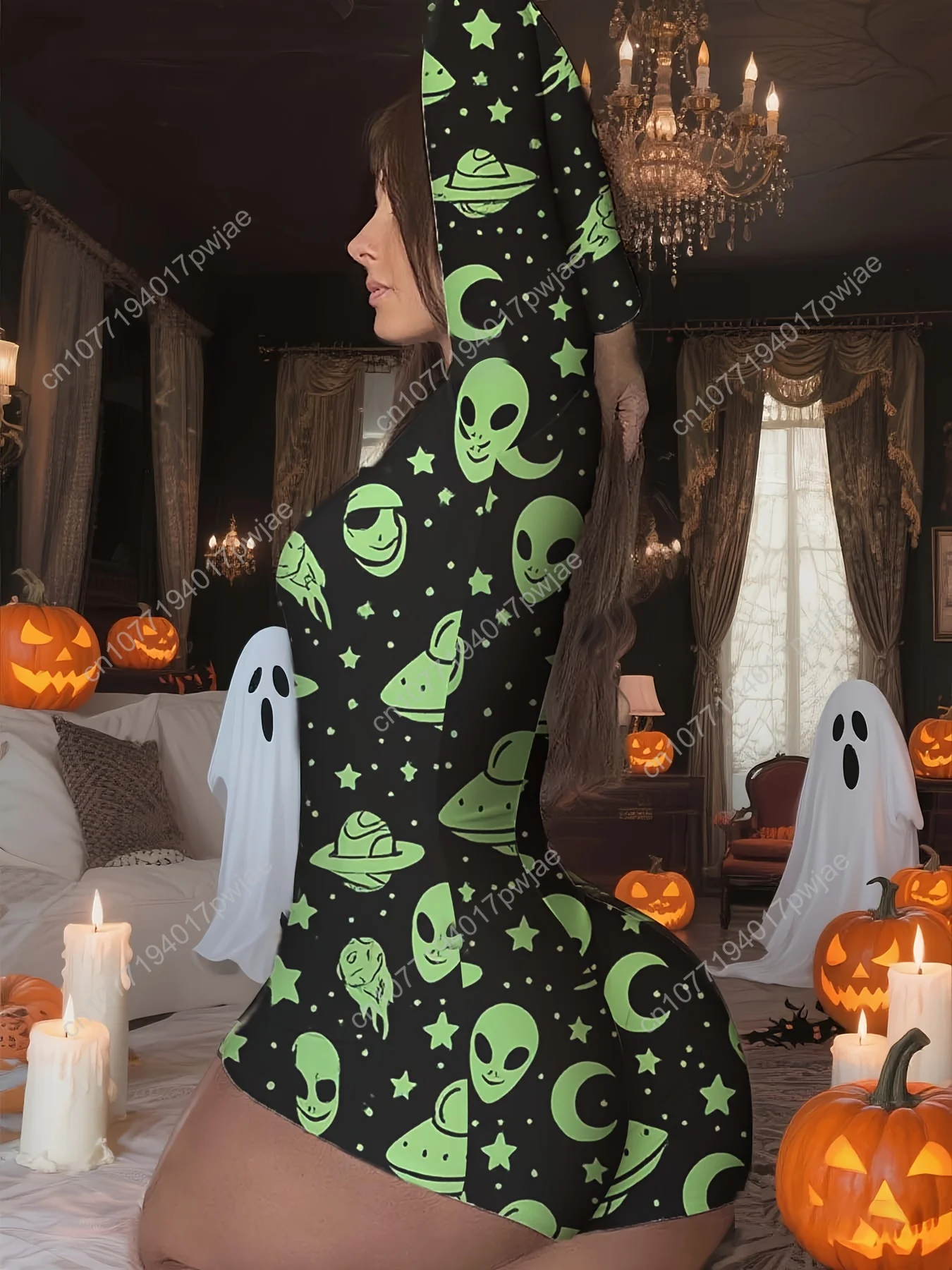 Combinaison sexy décontractée pour femmes d'Halloween, avec imprimé vaisseau spatial extraterrestre noir et vert, manches longues confortables, conçue pour Th