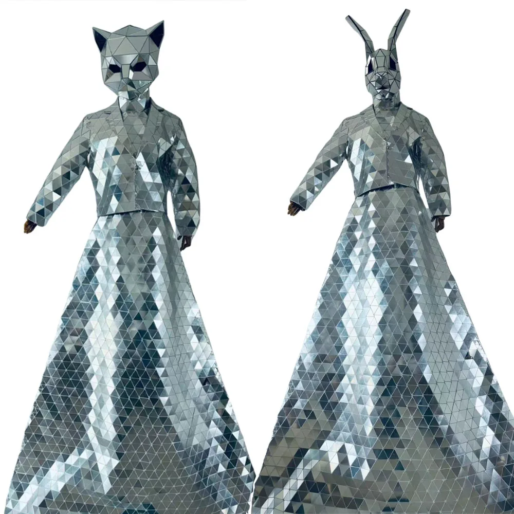 

Silver Mirror Cat Rabbit Stilt Costume Reflective Sequins Performance Outfit for Carnival Nightclub Show