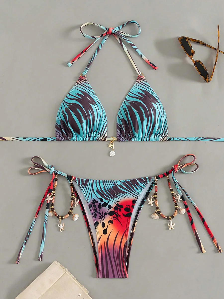 

Микро-бикини 2026, сексуальный купальник, женский купальник, комплект бикини в полоску с лямкой на шее, бикини, купальный костюм, пляжная одежда с пуш-ап, женская
