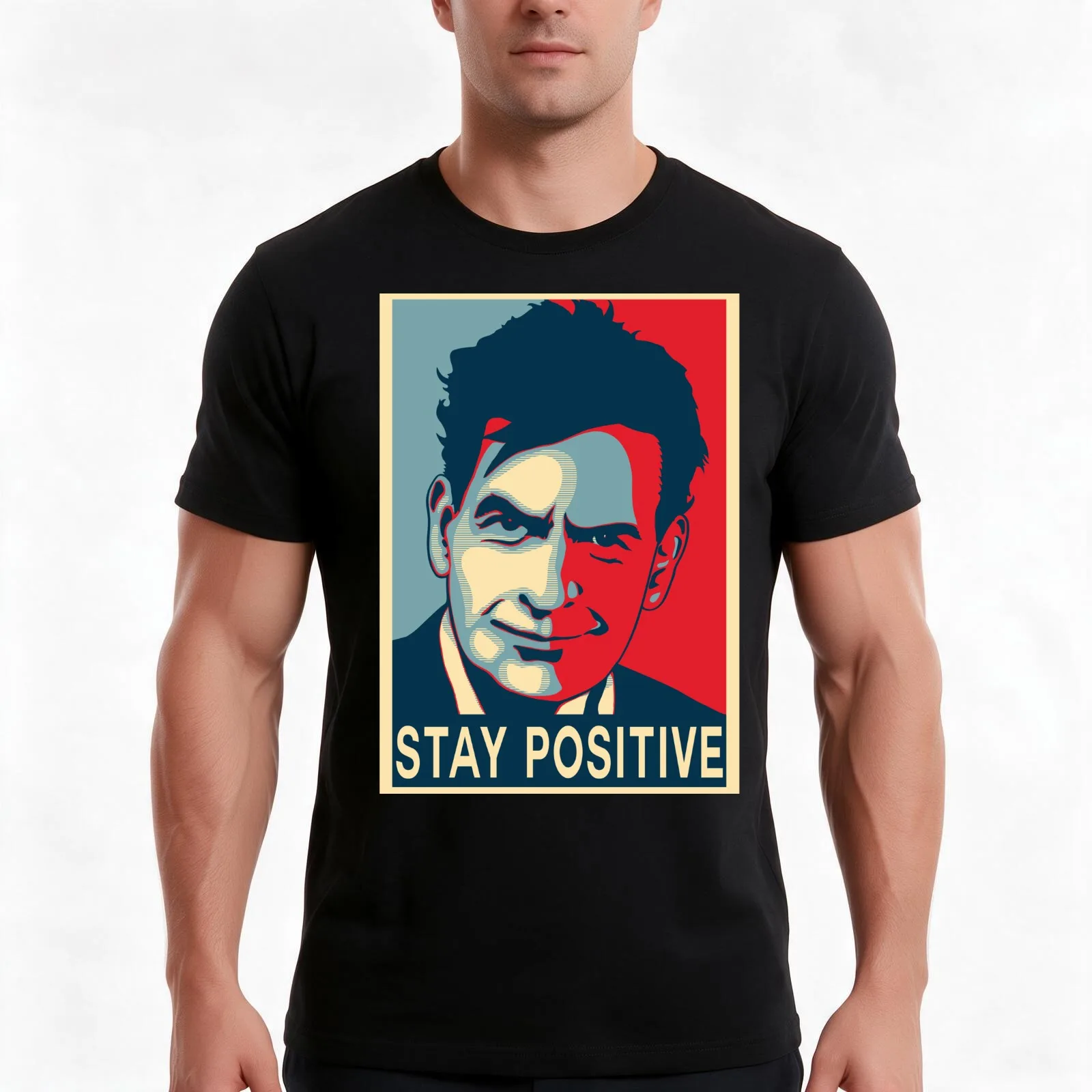 Charlie Sheen stay positive T-Shirt, Summer Casual Cotton Tee, Oversized Streetwear Tops, Vintage Graphic Print, 100% Cotton