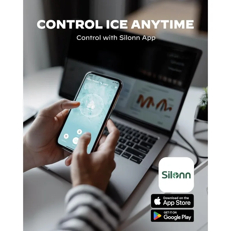 Nugget Ice Maker Countertop ，Pellet Ice 44 lbs per Day, Crushed Ice from Timer Function and Status Alerts with Silonn App