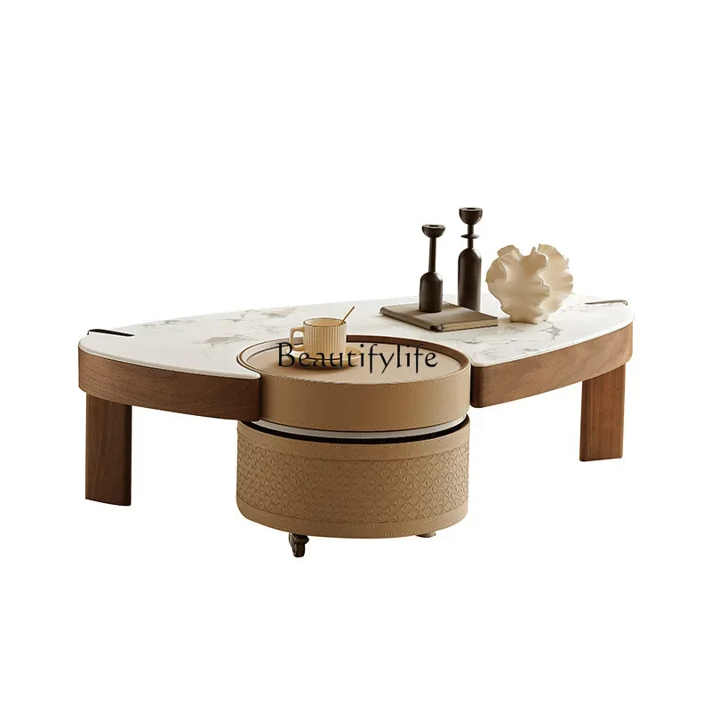 Medieval style storage coffee table living room creative high-end saddle leather rotating rock slab coffee table