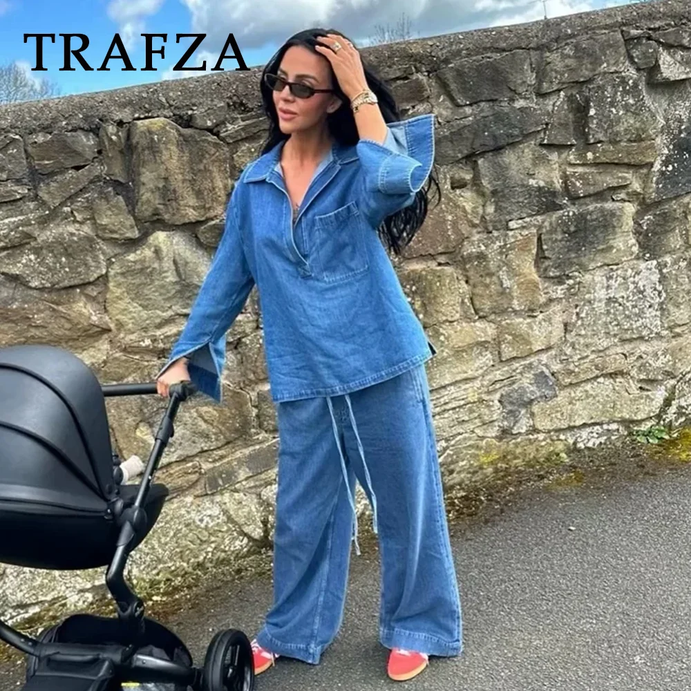 TRAFZA 2024 Spring Summer Casual Denim Women Suits Fashion Vintage Turn-down Collar Pocket Shirts+Chic Drawstring Wide Leg Pants