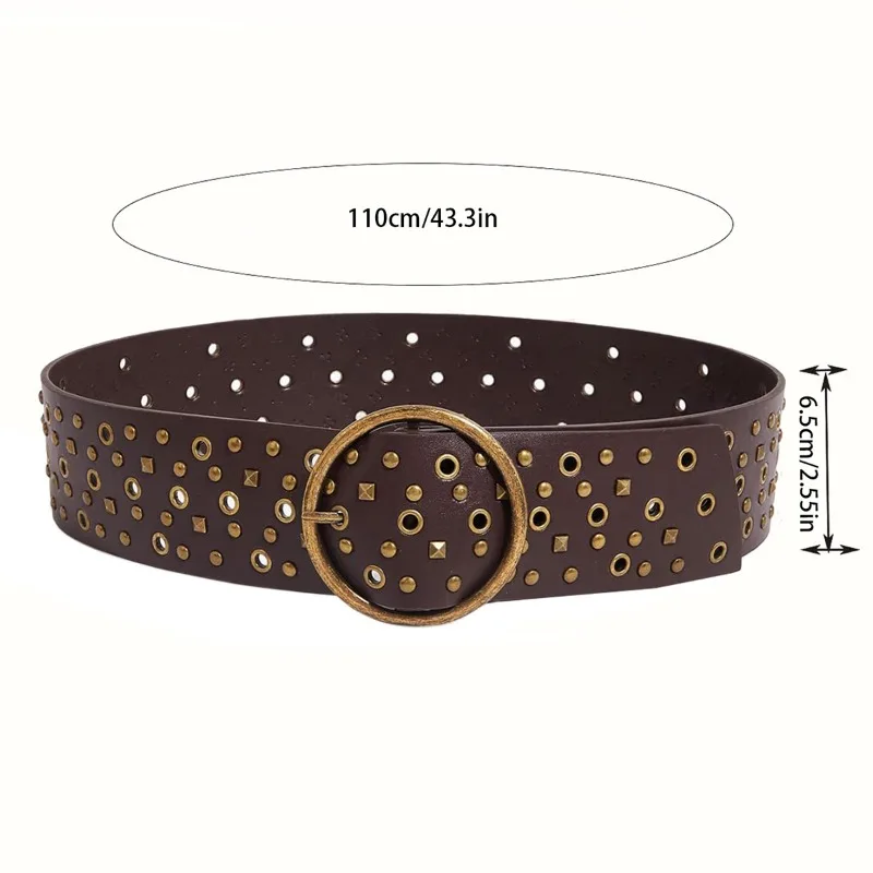European American-Style Retro Studded Round Buckle Wide Belt Punk-Style Distressed Dresses, Women’s Waist Cincher