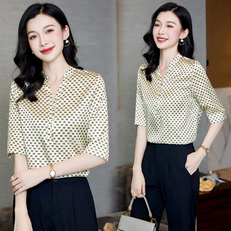 

Шелковая блузка Ele, женская офисная одежда, летняя новинка, корейская повседневная шелковая блузка из ткани