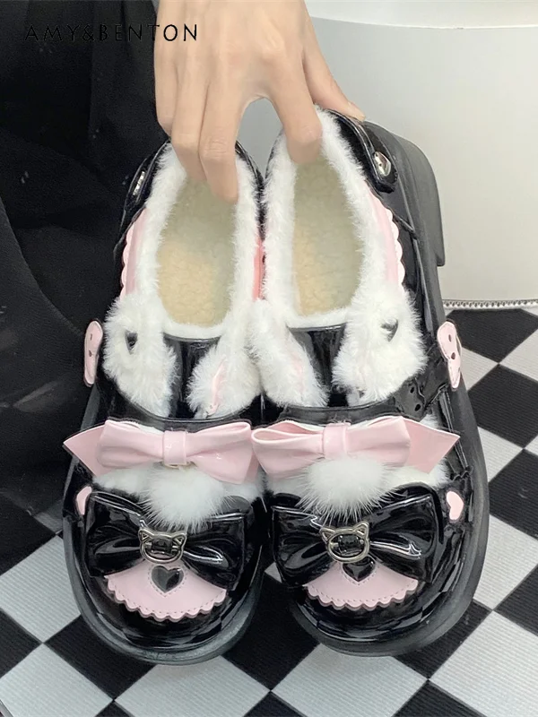 

Sweet Plush Bow Round Head Platform Heels Preppy Style Cute JK Uniform High Heels Students Thickened Warm Kawaii Womens Shoes