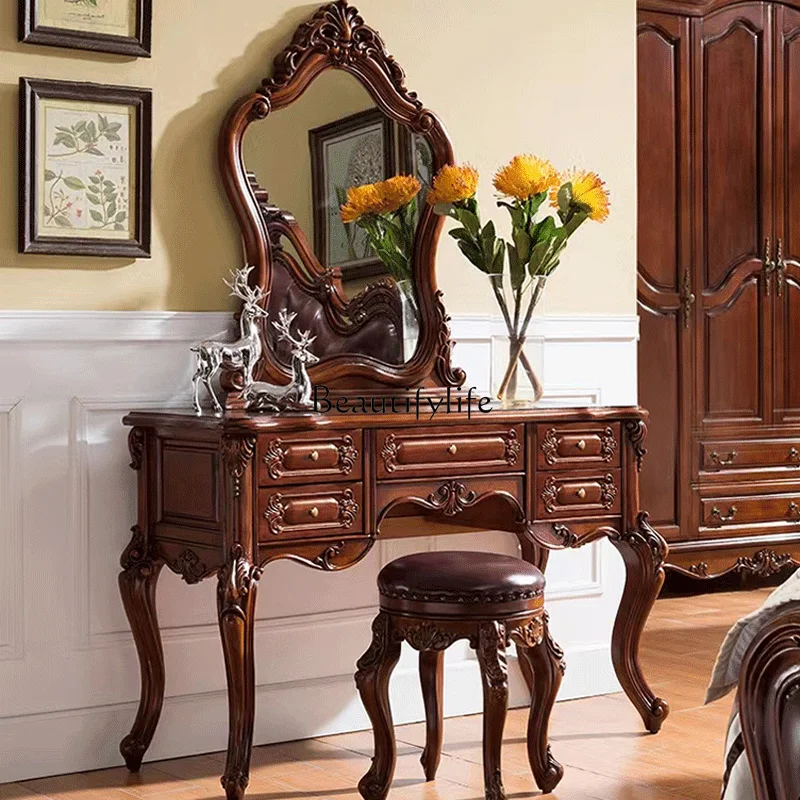 

European style, bedroom solid wood dresser table, combination set, American carved small apartment dresser