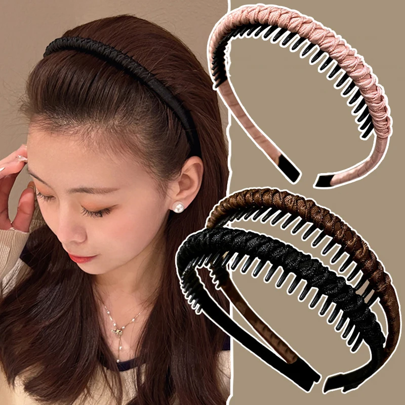 Ladies Solid Color Hair Hoop New Non-Slip Headband Weave Thin Head Hoop Plastic Hair Band Solid Color Braided Headwear Headdress