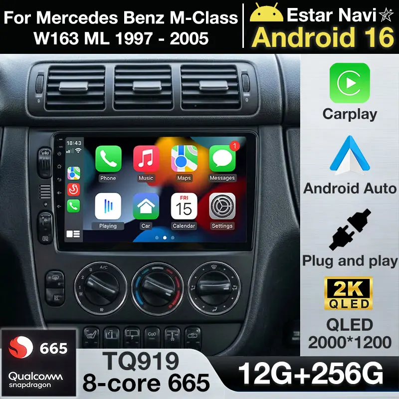 Android 16 Car Radio For Mercedes Benz M-Class W163 ML 1997 - 2005 GPS Multimedia Player Navi Carplay Stereo Head Unit 360Camera