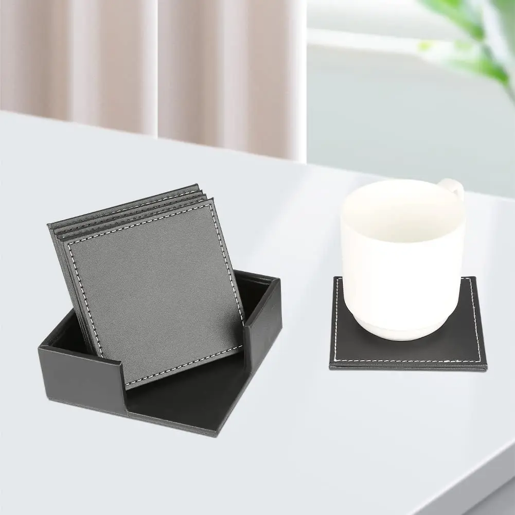 6 Pieces Square Cup Coaster Set PU Leather Tea Cup Pad Mat for Glass Coffee Bar with Coasters Holder Marble Tableware Placemats