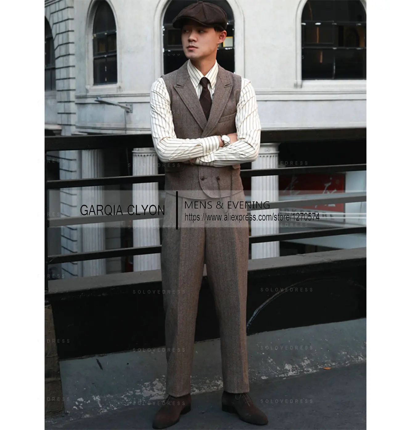 Tweed Herringbone 3 Pieces Herringbone Men\'s Business Suits Single Breasted Slim Fit Groom Formal Suits(Blazer+vest+Pants)