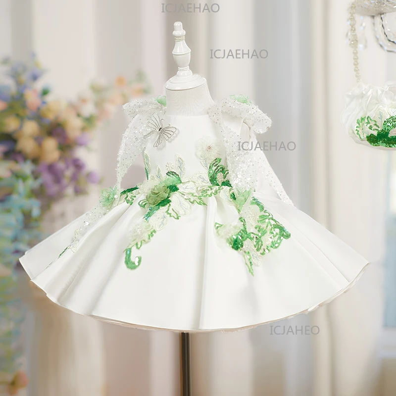 2026 New Baby Girls Princess Dress Flower Beaded Children Birthday Party Tutu Dress Toddler First Communion Formal Gown Costume