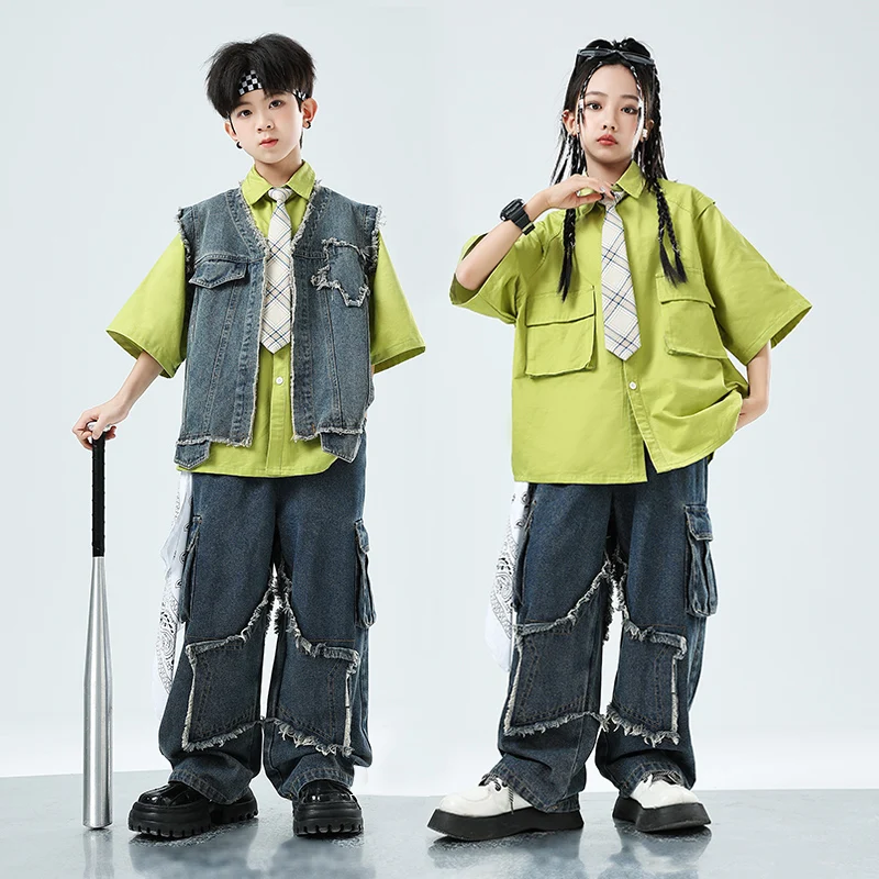 Chaleco de mezclilla de Hip Hop para niñas, camisa de bolsillo, pantalones vaqueros para niños, ropa de calle de Jazz, pantalones de mezclilla holgados, ropa para niños, trajes de muestra para niños