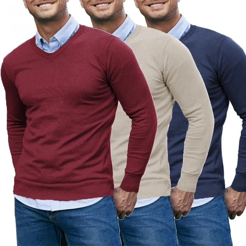 

2026 Men's V Neck Sweater Knitted Pullover Casual Soft Lightweight Long Sleeve Dress Sweater Autumn Breathable Slim Fit Sweaters