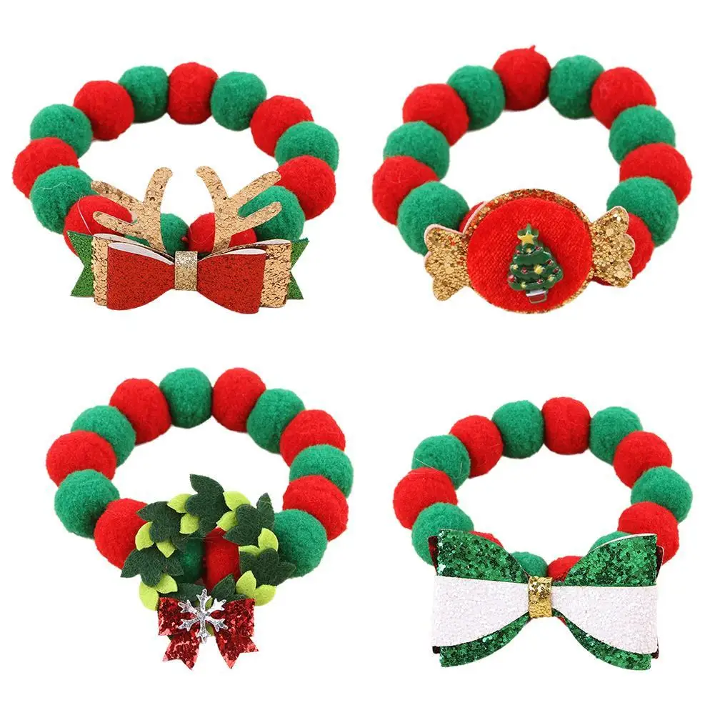 Christmas Cute Dog Cat Plush Ball Necklace Soft Elasticity Collar Pet Neck Accessories Pompom Ball Necklace Gift For Puppy 