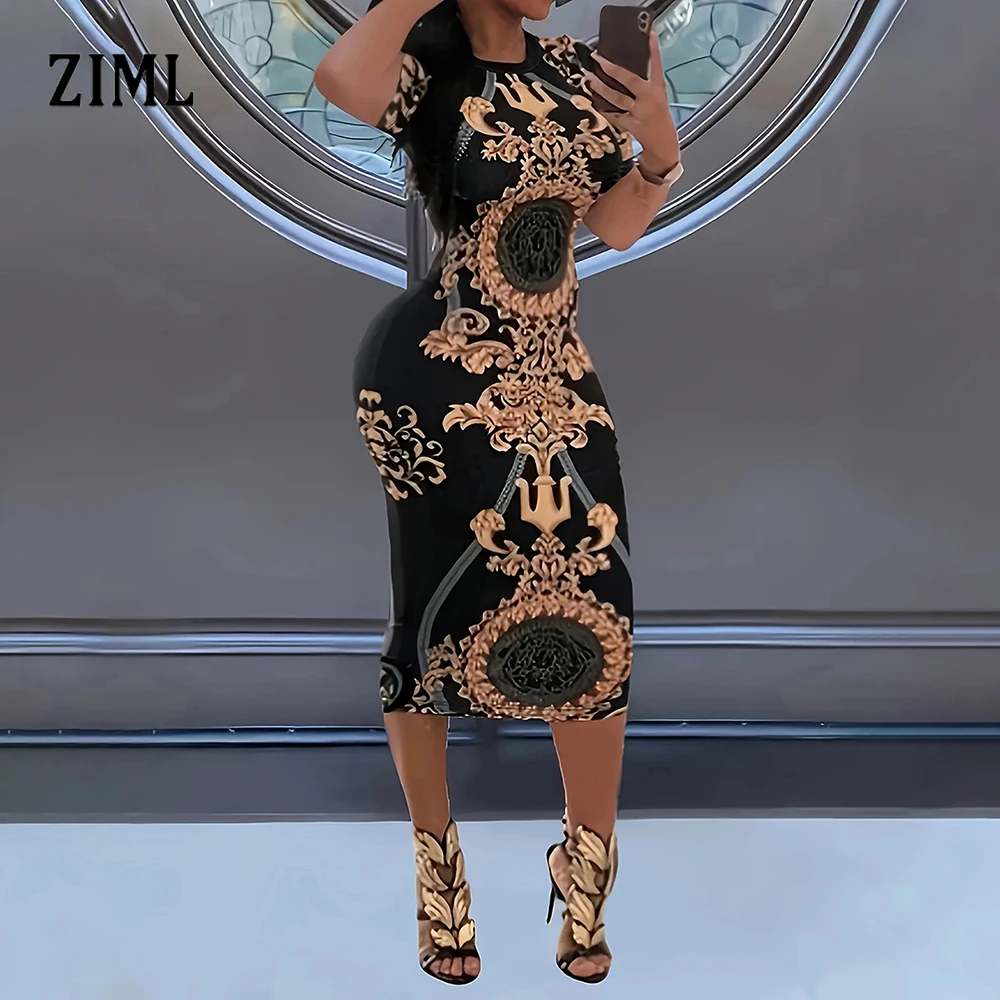 

ZIML Hit Color Print Slim Elegant Temperament Dresses for Women Round Neck Short Sleeve High Waist Luxury Evening Dress Female