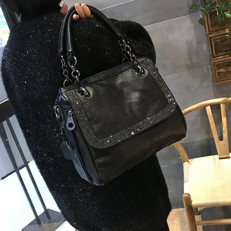 2021 borsa da donna in morbida pelle di nuova moda borsa a tracolla portatile da donna in pelle bovina con diamanti borse nere semplici di grande