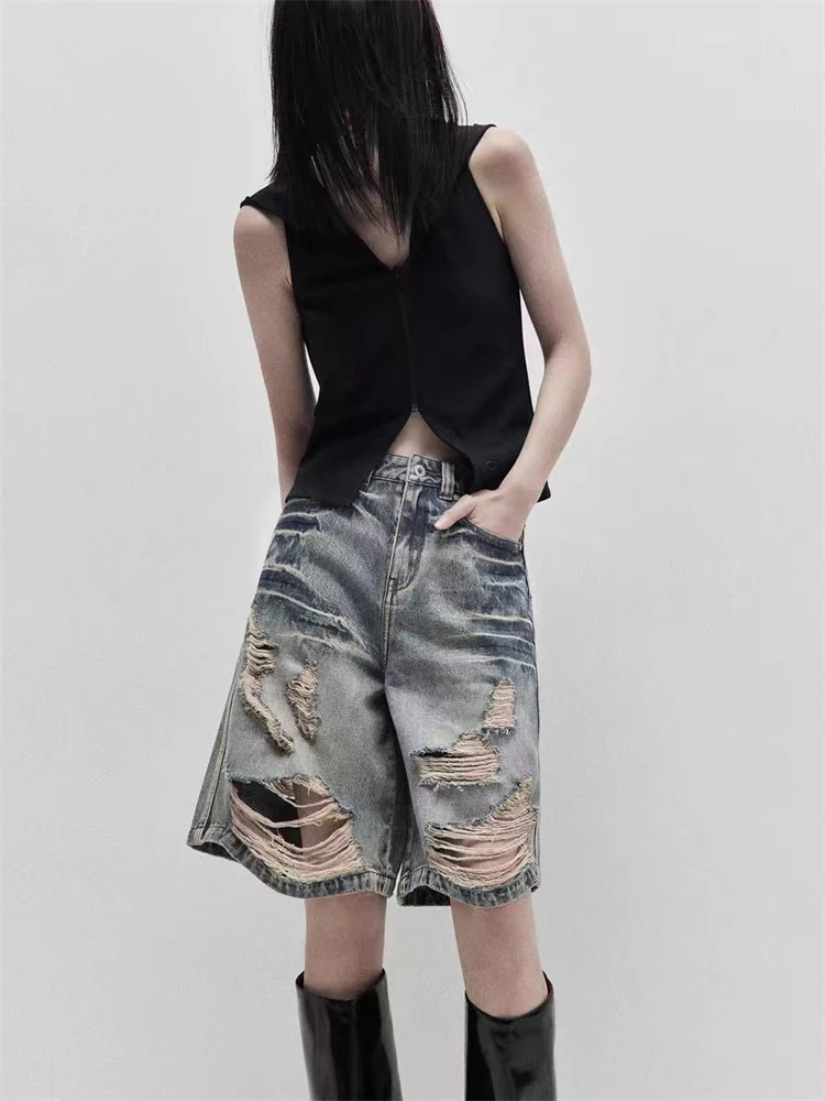 

Women's Personality Worn Out Distressed Cropped Jeans Summer New Street Style Thin Denim Shorts Casual Female Knee Length Pants