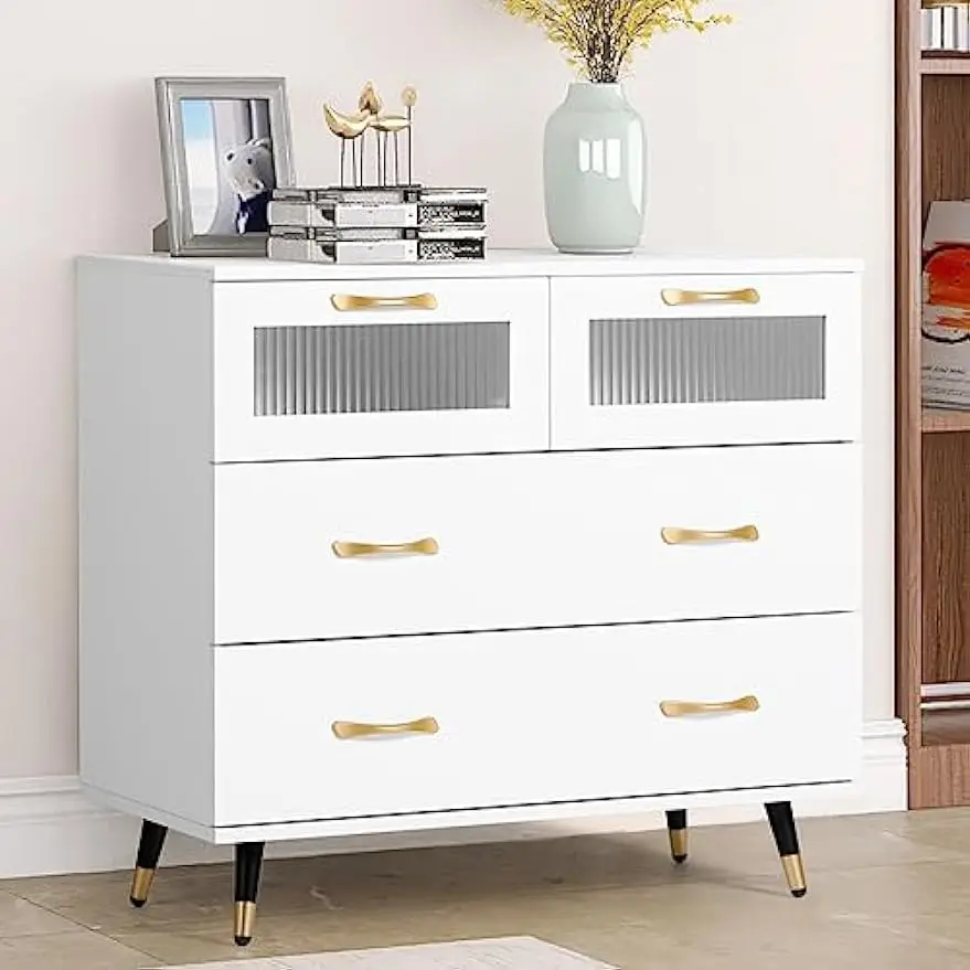 

Small White Dresser, Modern Dresser for Bedroom, 4 Drawer Double with Metal Handles, Wood & Chests of Drawers for Hallway