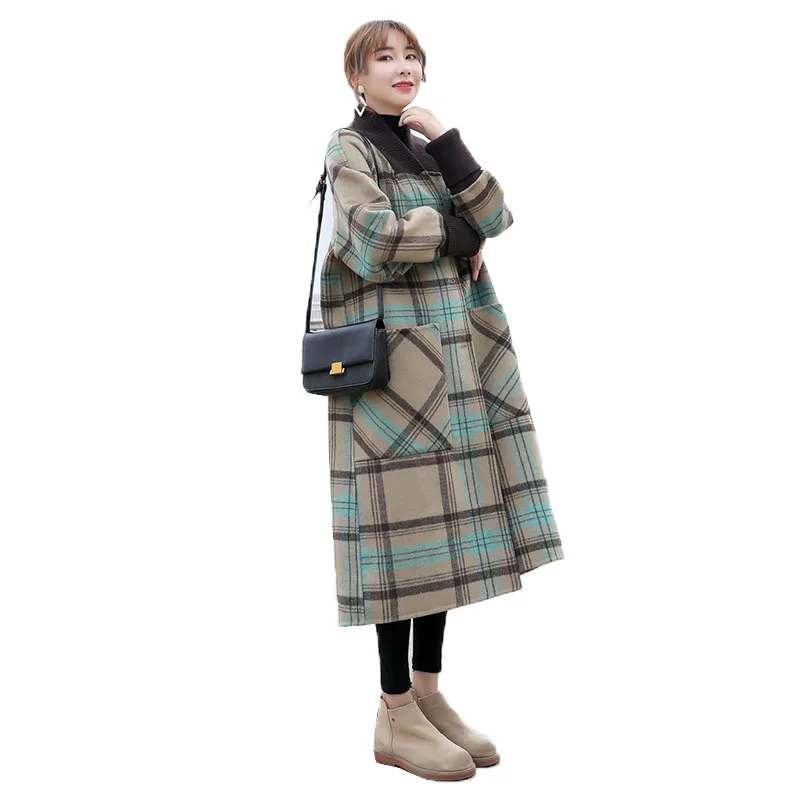 

NicePop Autumn Winter lattice Long Woolen Coat Women Casual Jacket Fashion Single-Breasted Outerwear Warm Female Wool Coat