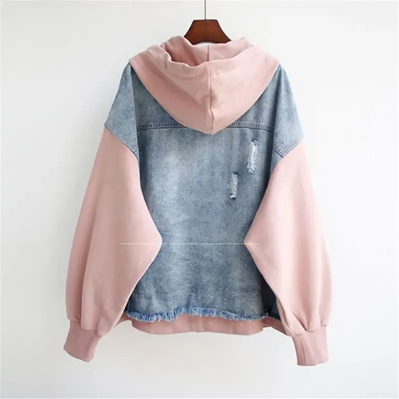 Spring Autumn Fake Two-piece Denim Hoodies Coat Women Trend Cardigan Hoodie Casual Loose Hooded Baseball Jacket Streetwear Woman