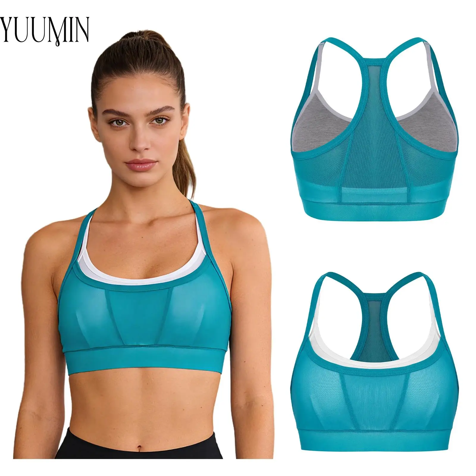 

Women Adult Double-Layer Sports Bra Sleeveless Spaghetti Straps Sheer Mesh Overlay Crop Top for Yoga Gym Fitness Workout Running