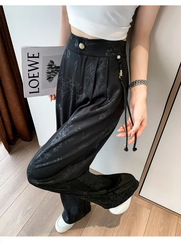 XIZOU 새로운 중국 스타일 자카드 와이드 레그 새틴 바지 여성용 우아한 솔리드 오피스 레이디 여성 캐주얼 루즈 팬츠