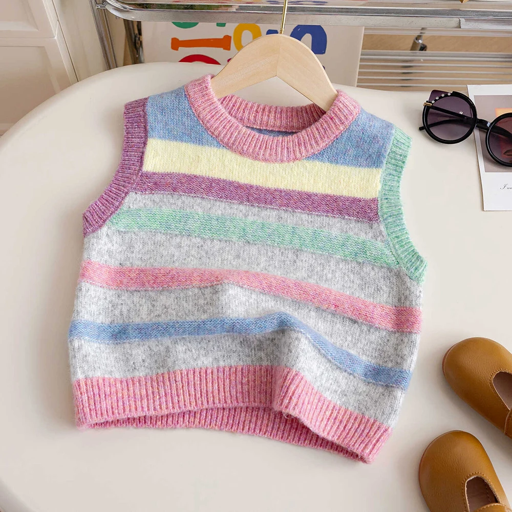 Cute Knitted Vest for Kids Baby Girls Spring Autumn Colorful Striped Sleeveless Pullover Sweaters Top Children Clothes Waistcoat