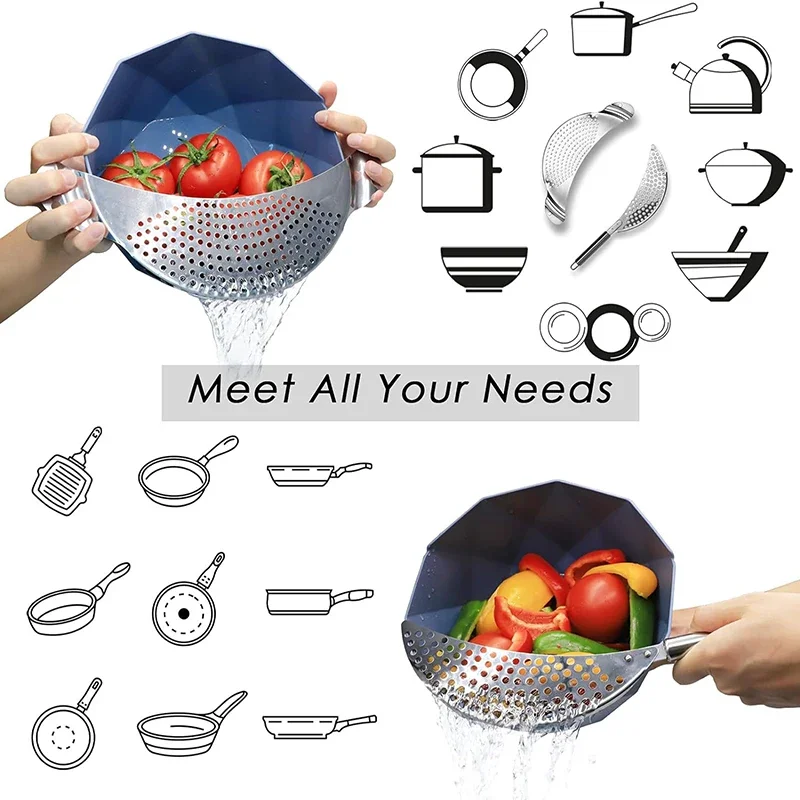 Stainless Steel Pan Pot Strainer with Handle, Pasta Drainer, Colander Water Filter, Vegetable Drainer, Kitchen Slag Separator