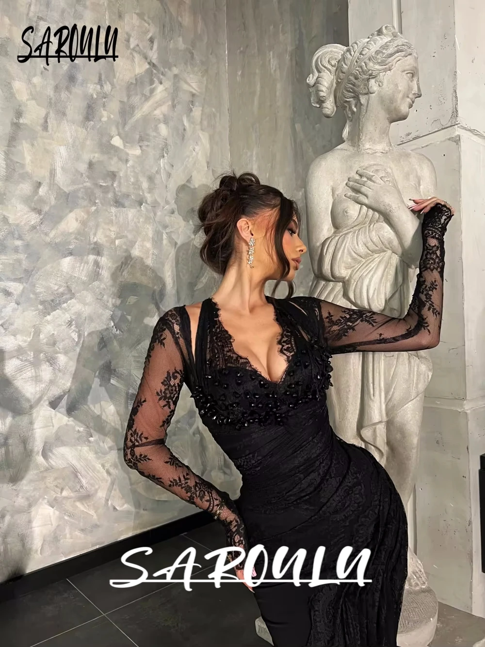 

Sexy Black Lace Mermaid Evening Dress 2025 Elegant Illusion Sleeves Women Customized Prom Gown Fashion V Neck Party Club Wear