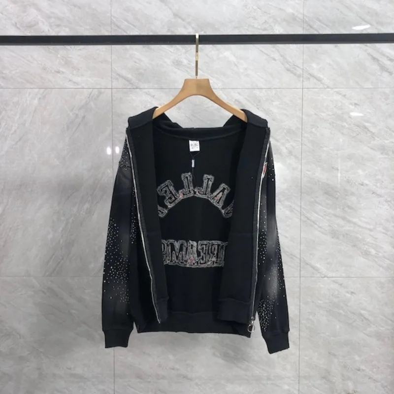 Patchwork Embroidered Letter Logo Print Hoodies Starry Sky Rhinestone Zipper Hoodie for Men Women