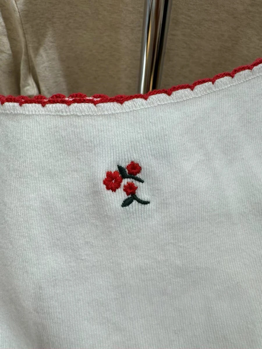 Red Floral Embroidery Slim Crop Top Summer Lace Trim White Sleeveless Camisole Sweet Girls Cotton Tank Tops Women Y2k Clothes