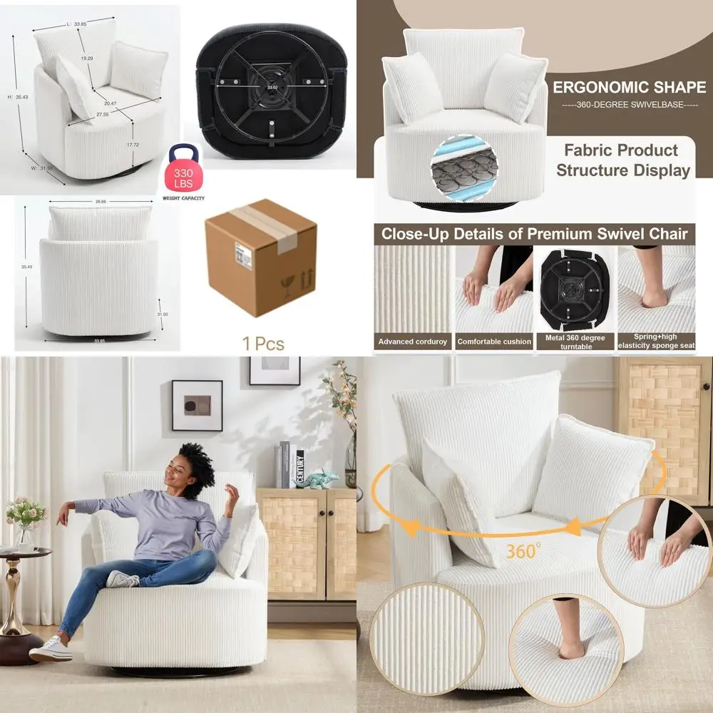 

Corduroy Swivel Barrel Chair for Living Room Reading, Reclining Armchair in White