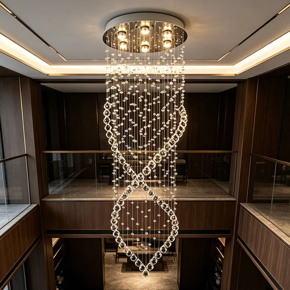 Luxury Vertical Twist Crystal Ceiling Lamp Adjustable Height Hanging Light For Two Story Hall Hotel Lobby
