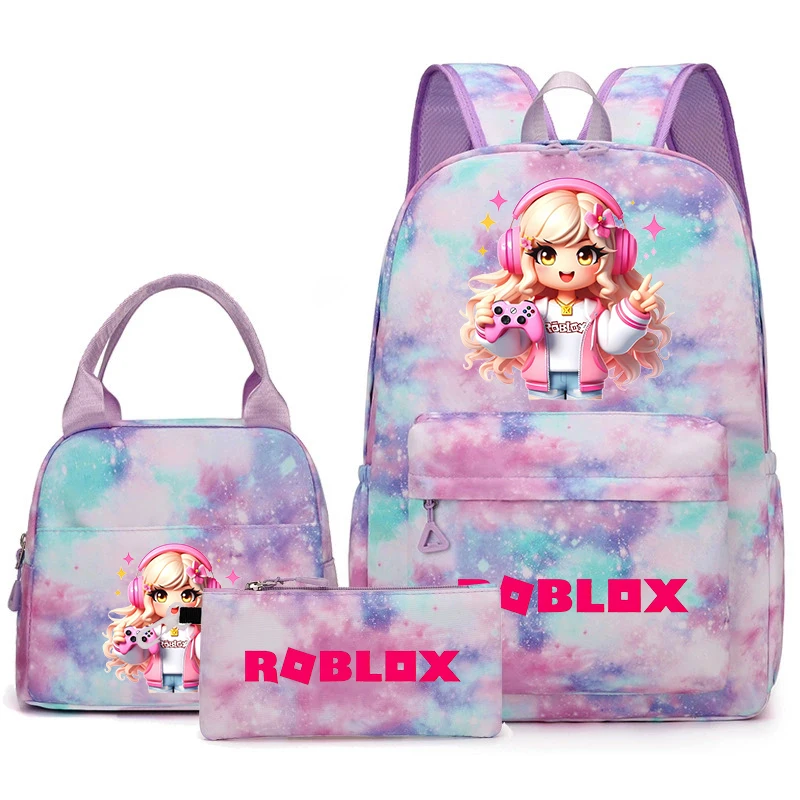 Conjunto de mochila para estudiantes con estampado de juego Roblox para niñas con bolsa de almuerzo y estuche para lápices, útiles escolares de 3 piezas para niños y niños