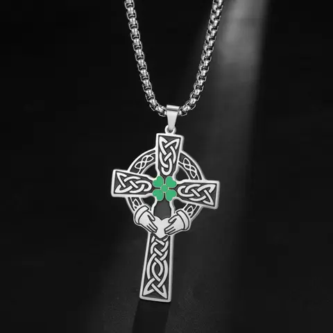 Vintage Celtic Cross Pendant Necklace for Men Women Shamrock Claddagh Design Stainless Steel Irish Religious Protective Jewelry