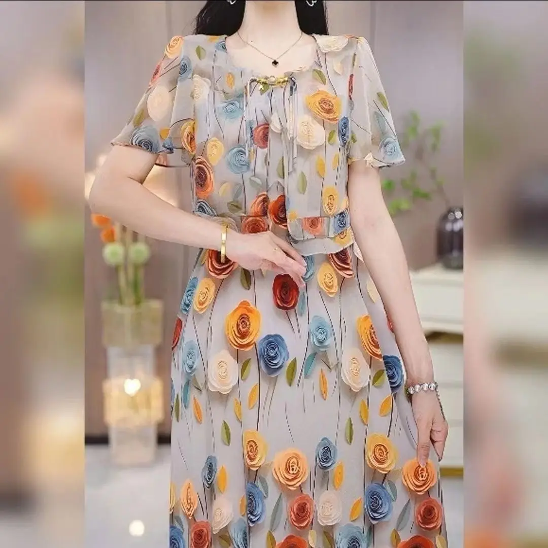 Requintado vestido feminino de manga curta estampada, elegante e bonito, camisa de comprimento médio, saia de verão, novo, 2024