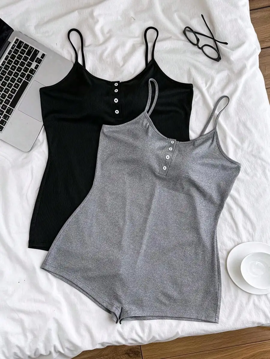

2-Pack Ribbed Henley Cami Sets for Women - Black & Gray Loungewear