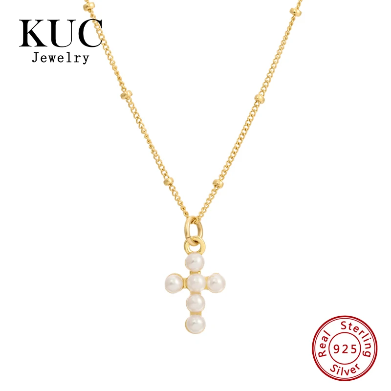 

18k Gold Plated 925 Sterling Silver Minimalist Custom Fashion Fine Jewelry Luxury Pave Pearl Cross Pendant Necklaces for Women