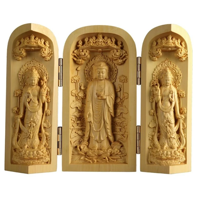 1Pc Exquisite Boxwood Carving Guanyin Buddha Statue Western Sansheng Wood Carving Crafts Home Decoration