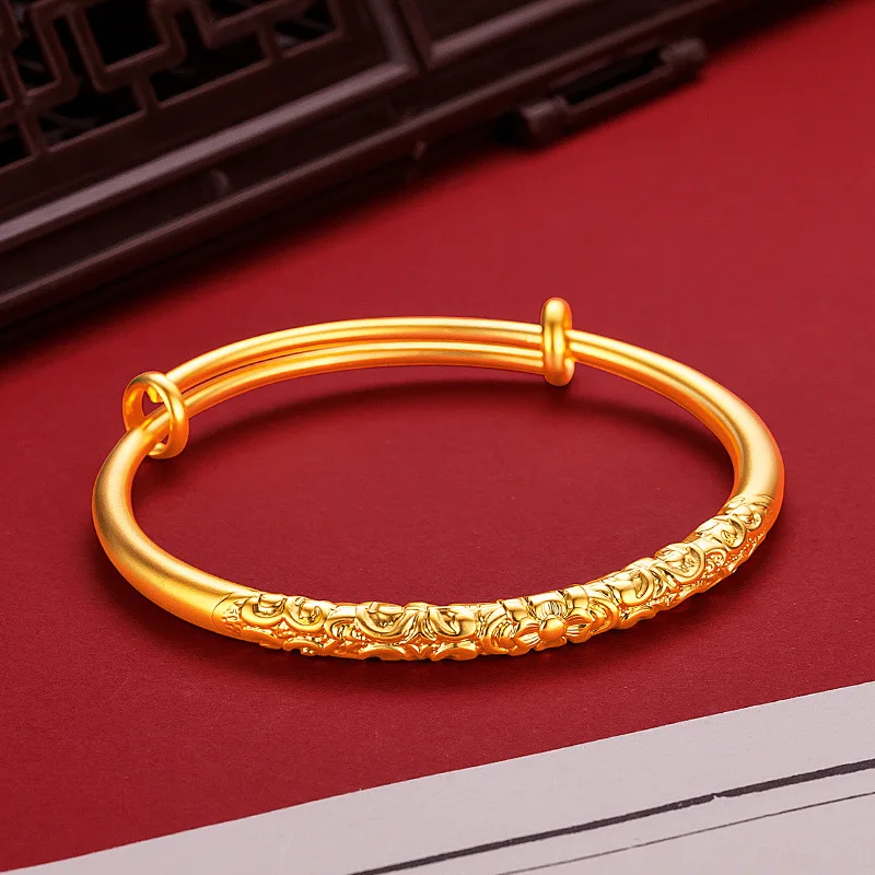 24K genuine gold antique fine sand bauhinia flower scroll grass bracelet 9999 female retro fashion gold engraved ring push-pull