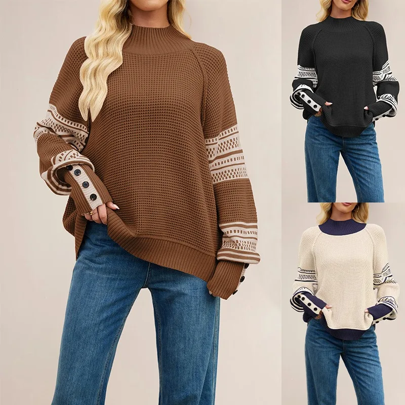 Autumn Women's Knitted Sweater with A Color-blocked Semi-high Neck Fashionable Pullover Sweater Is A Casual Versatile Bestseller